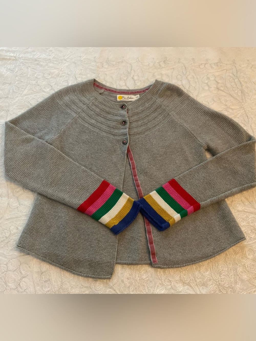 VGUC Mini Boden Gray Cardigan with Rainbow Stripe Cuffs